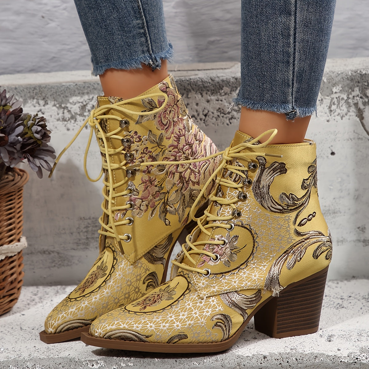 Women's Floral Embroidered Ankle Booties Leather High Heel Lace-Up