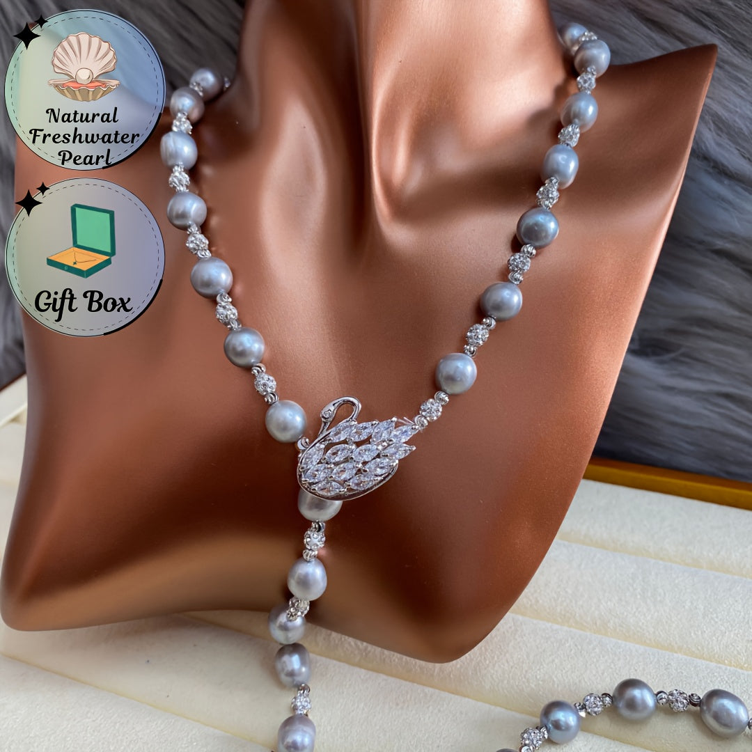 Freshwater Pearl Y-Necklace with Swan Clasp Silver Gray for Fall Winter Gift