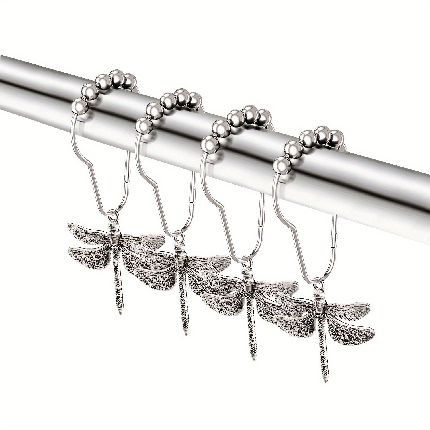 Set of 12 Dragonfly Shower Curtain Hooks Rustproof Metal Pearl Accents Waterproof Durable