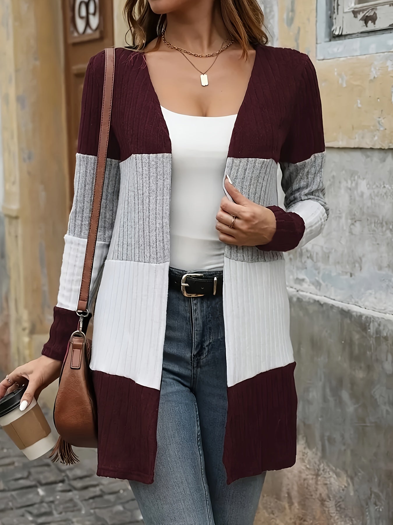 Women's Plus Size Plaid Polyester Knit Crew Neck Cardigan All-Season Sweater