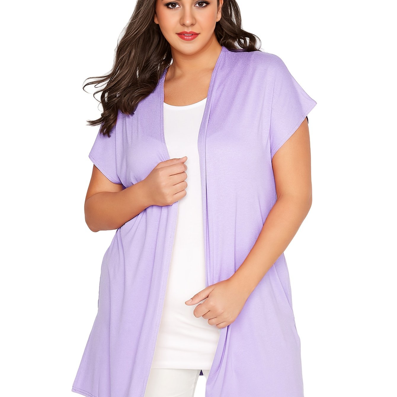 Plus o'lchamdagi ayollar uchun kundalik kardigan qisqa qo'lli va yon bo'laklar bilan