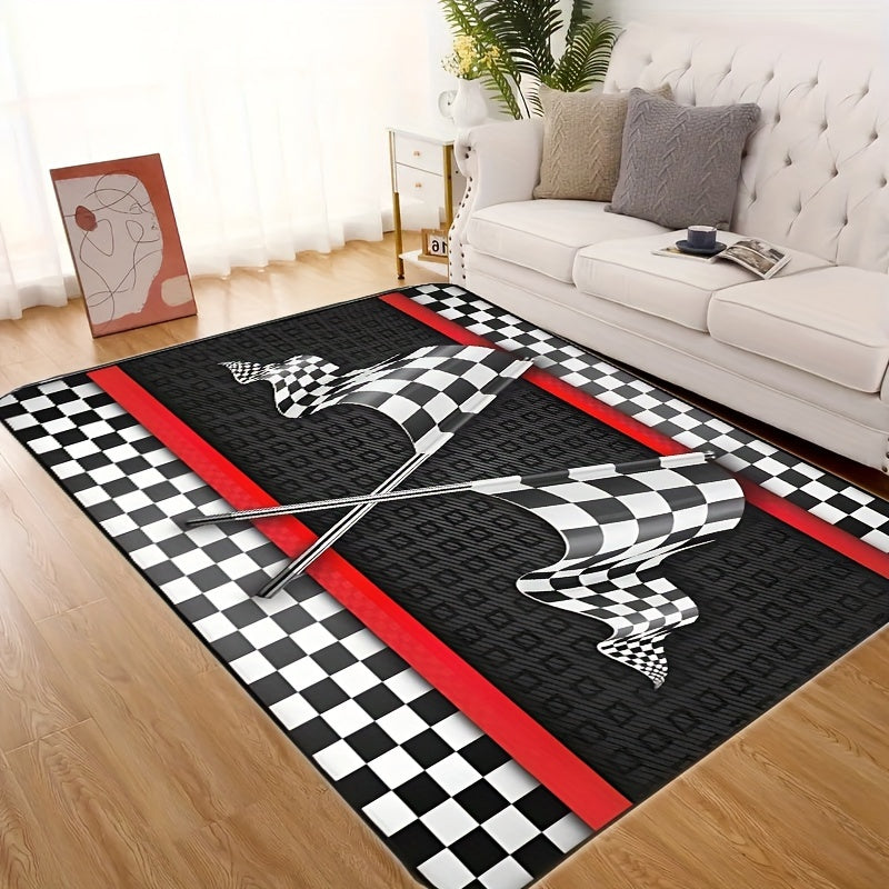 Flannel Racing Flag Mat Non-Slip Checkered Design 1.1cm Thick for Living Room Bedroom
