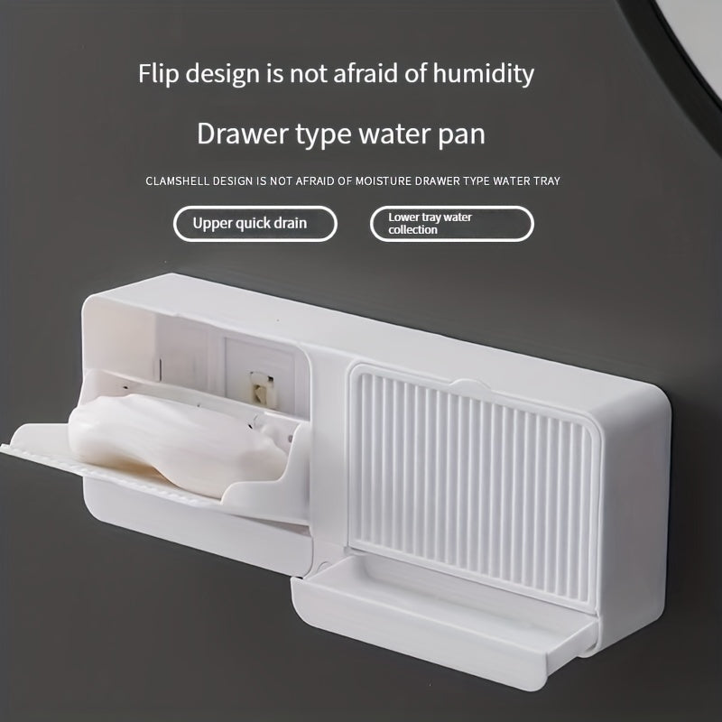Toʻgʻri burchakli suv o'tkazmaydigan devorga oʻrnatiladigan sovun idishi, qopqogʻi va oqimi bilan, hammom va kir yuvish uchun