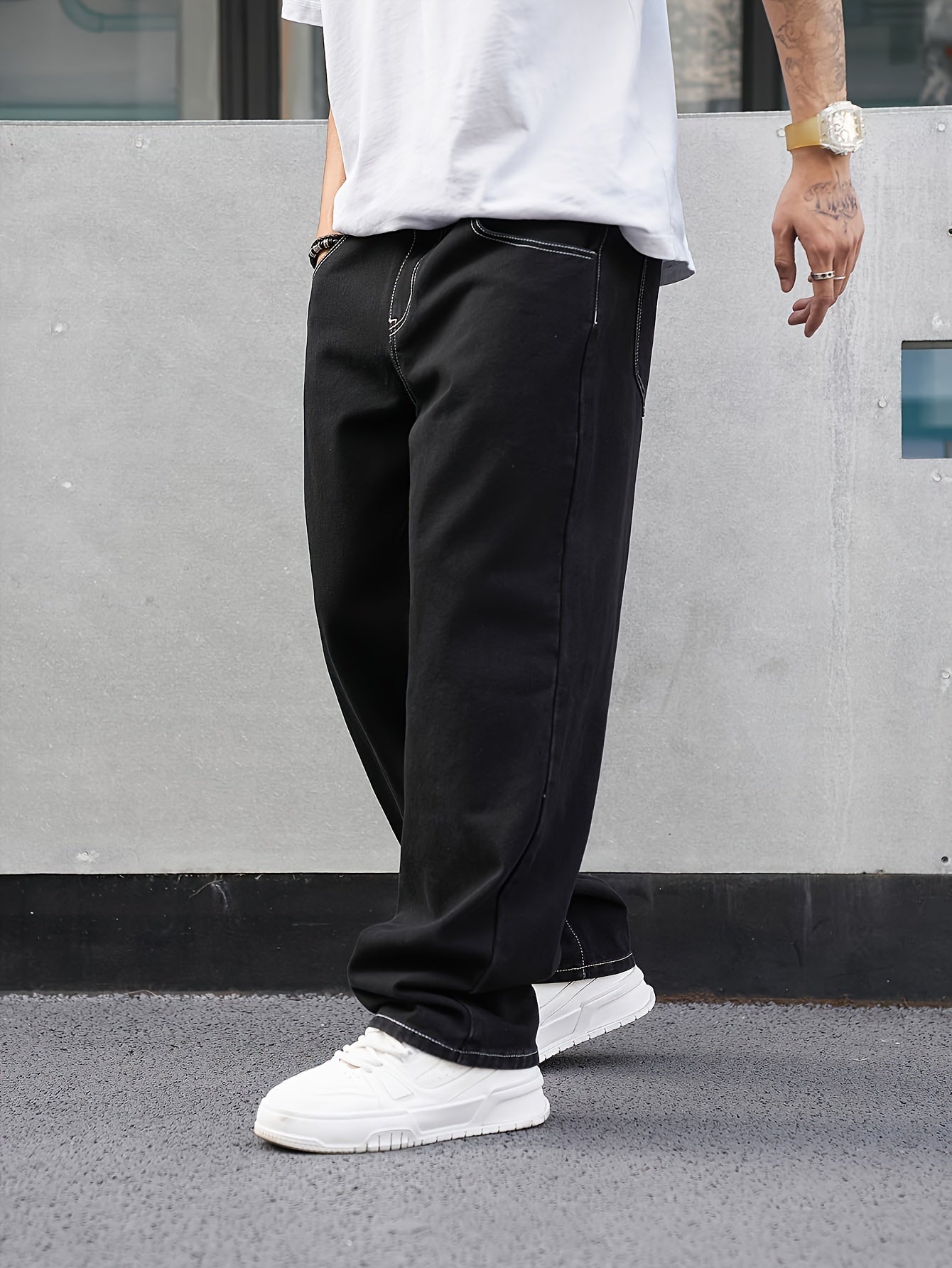 Men's Casual Denim Jeans Loose Fit Raw Wash Cotton Polyester Low Waist Regular Length