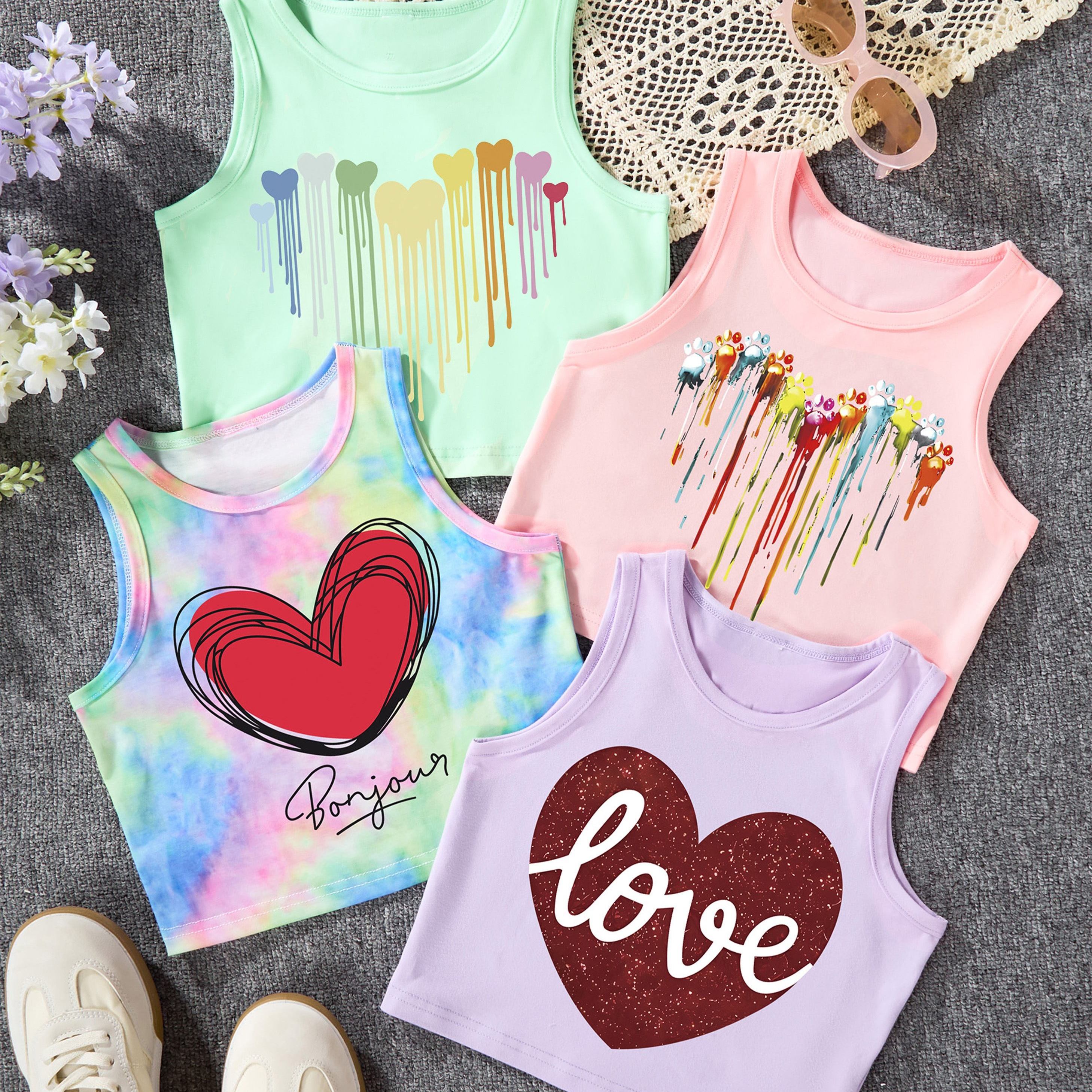 Girls' Blue Heart Print Tank Top Set Multicolor Polyester Elastane Summer Casual