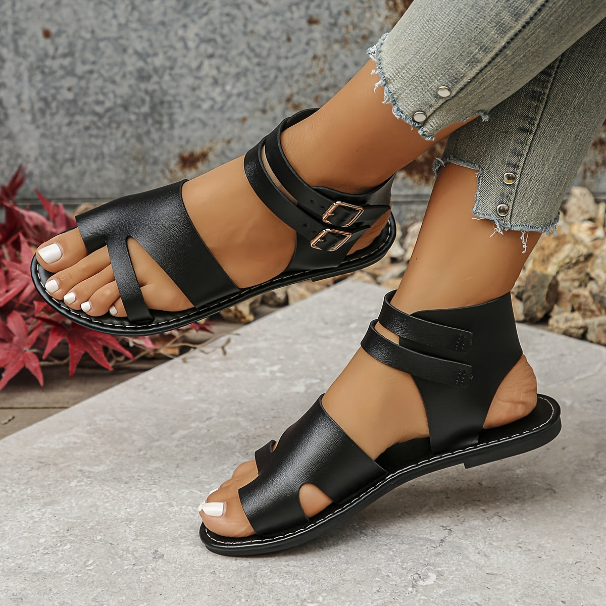 Women's Black Flat Sandals Open Toe Buckle Straps Faux Cover Rubber Sole