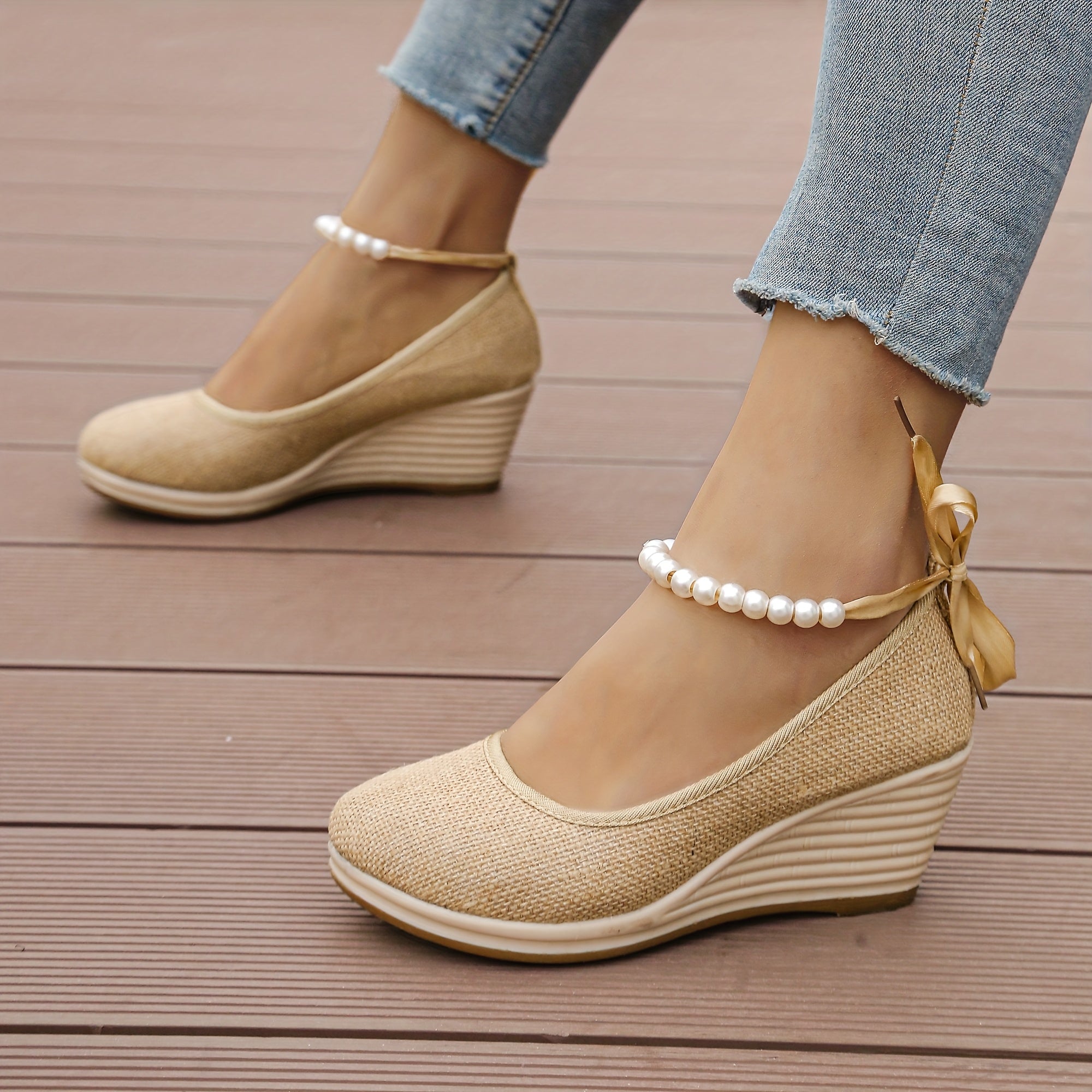 Women's Black Linen Wedge Heel Pumps Round-Toe Shoes with Ankle Bracelets