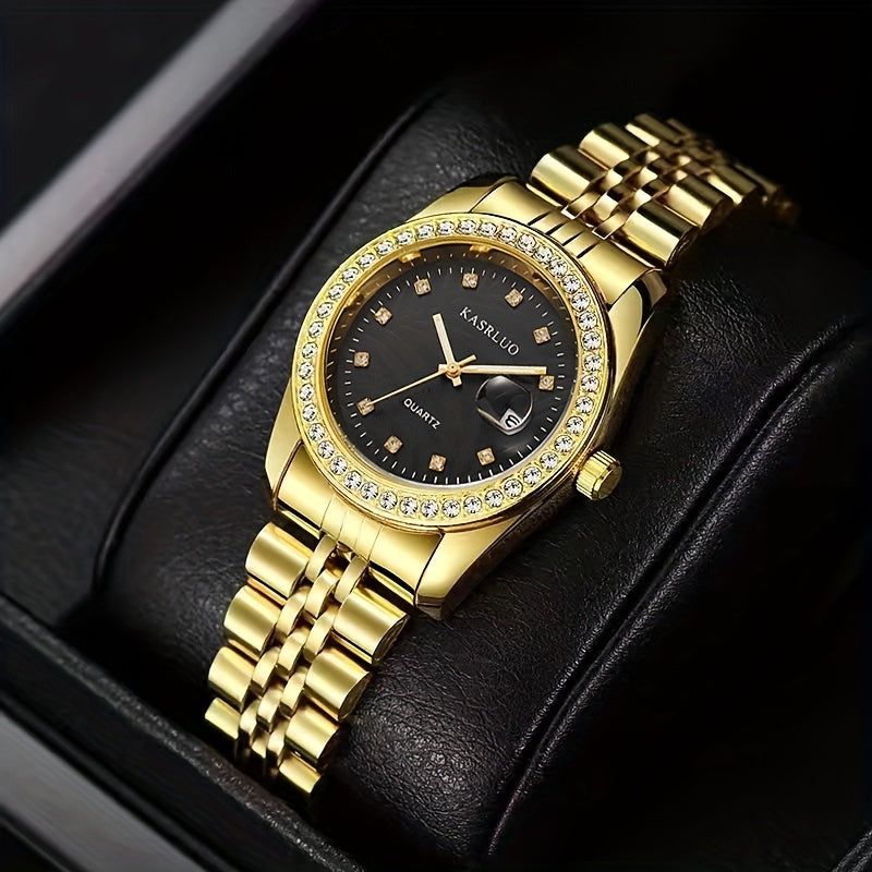 Women's Rhinestone Quartz Watch with Moon-Phase Calendar and Stainless Steel Band