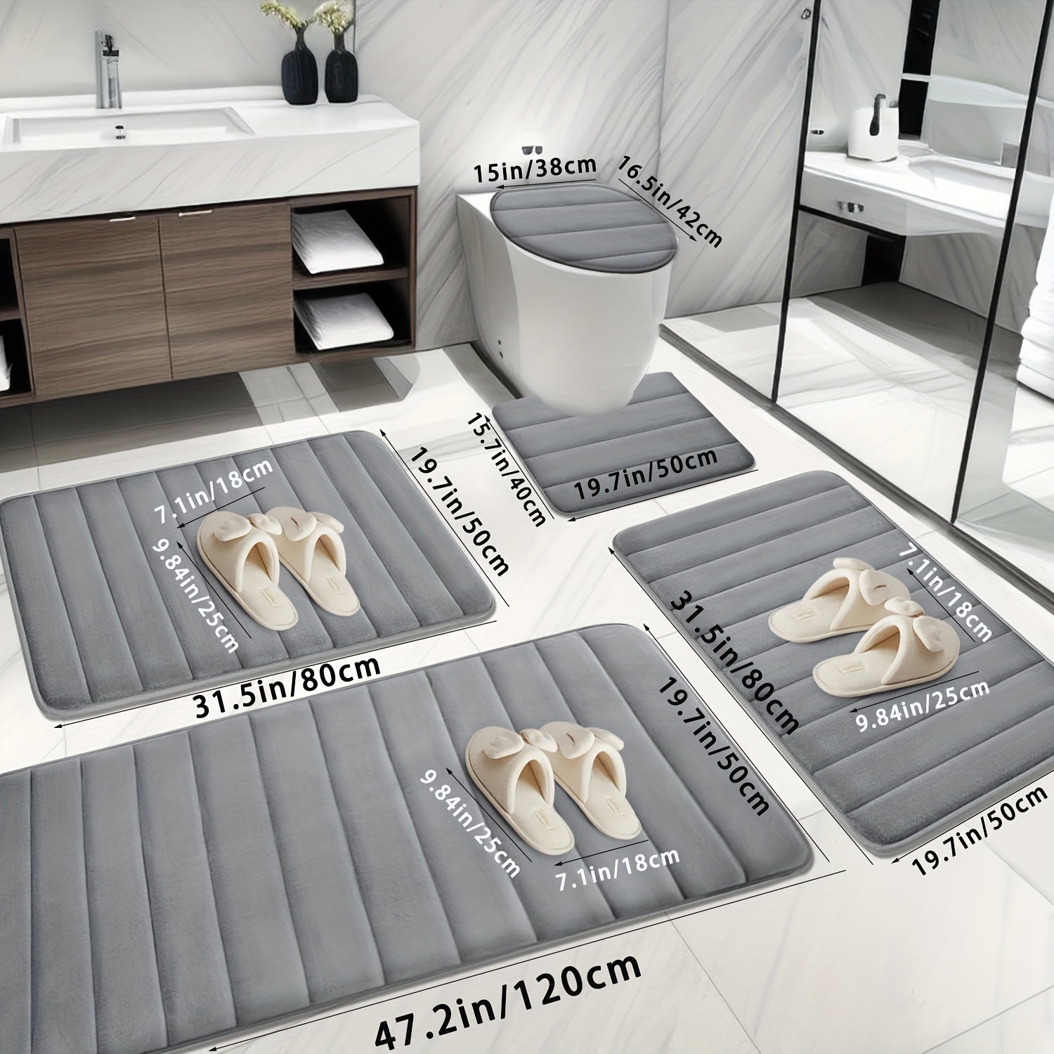Набор из 5 ковриков для ванной из памяти с нескользящей, впитывающей мягкой полиэстеровой тканью в черном, сером, синем и коричневом цветах