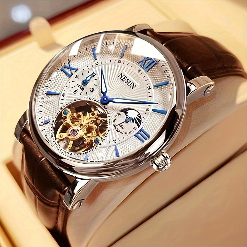 Men's Mechanical Watch Luminous Hollow Business Stainless Steel Leather Strap