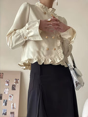 Women's Cream Ruffle Trim Blouse with Stand Collar Polyester Elegant Top