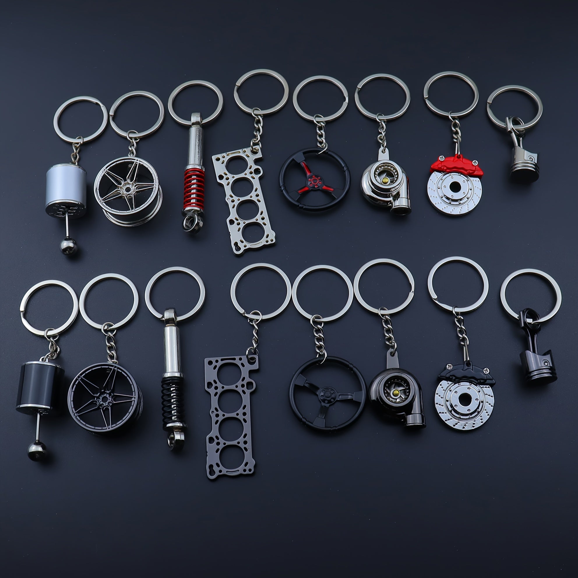 Car Enthusiast Keychain Set - 8 Black Zinc Alloy Engine Component Keychains