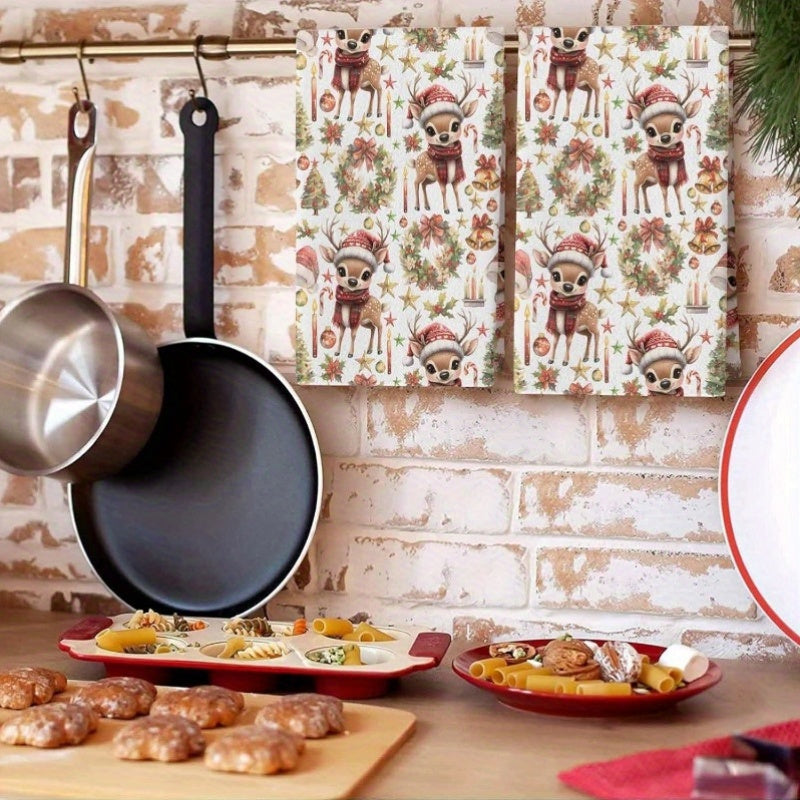Set of 2 Christmas Deer Wreath Kitchen Towels 45x66cm Soft Quick-Drying