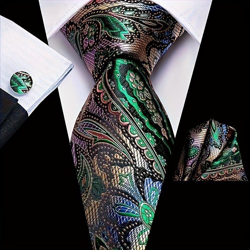 Men's Classic Striped Necktie Set with Handkerchief and Cufflinks for Business Parties