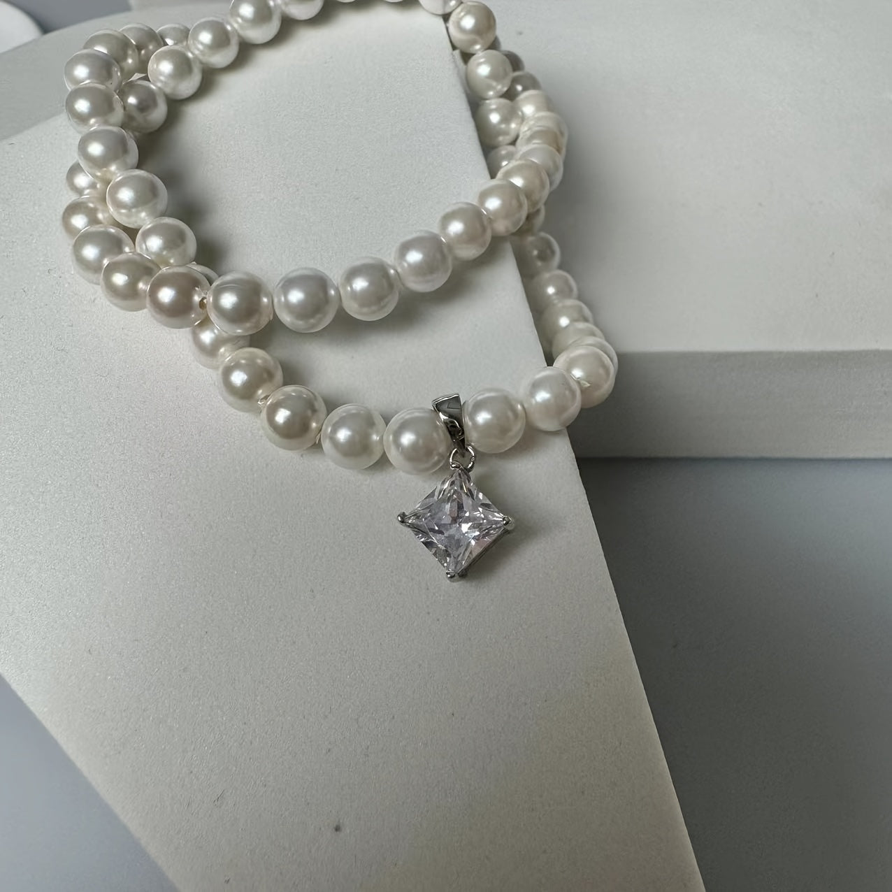 Princess Cut Pendant Necklace with Natural Pearl Beads and Moissanite in Sterling Silver and Gold Plating