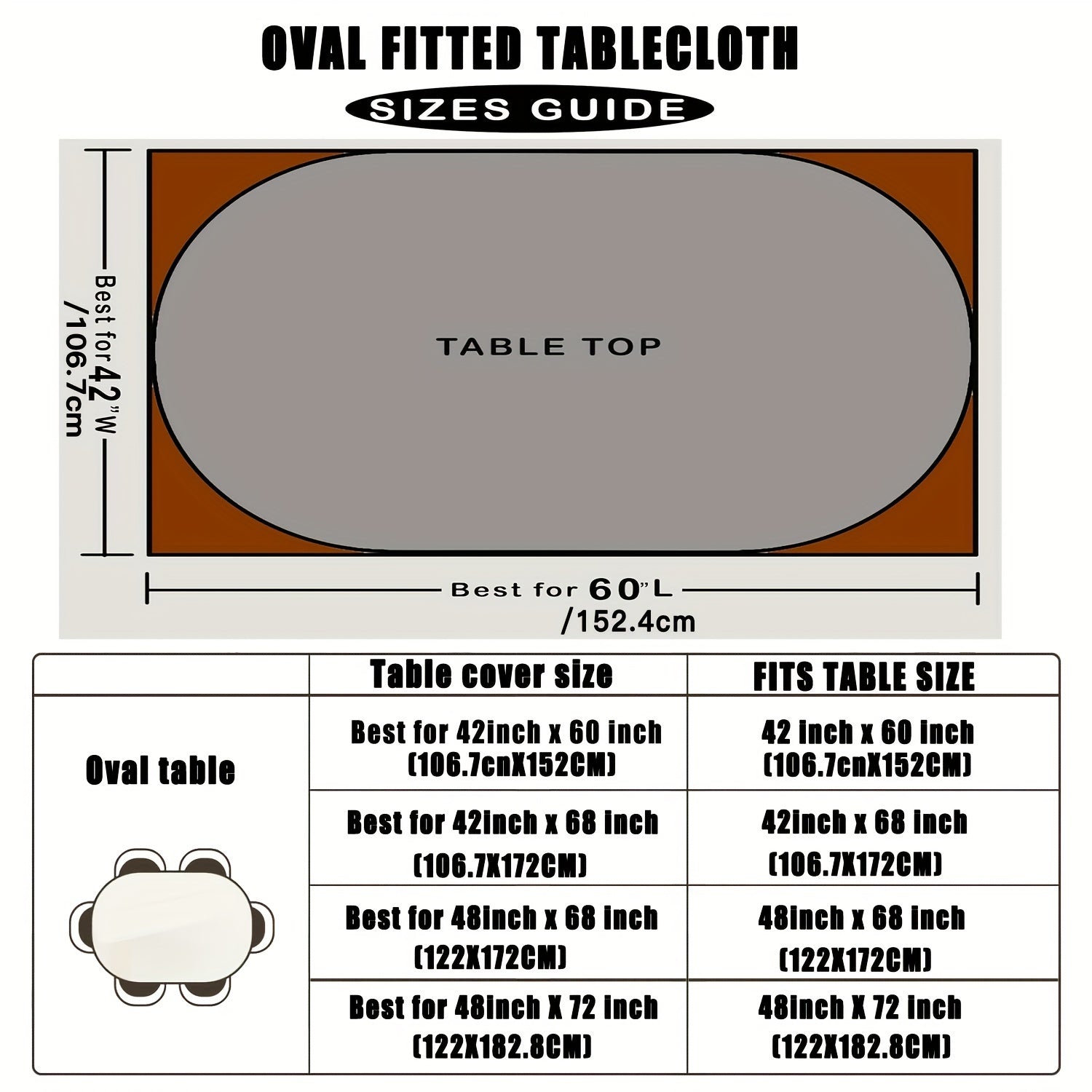 Toza oval vinil stol mato, suv o'tkazmaydigan, yog'ga chidamli, elastik chetli, ichki va tashqi hovli mebellari uchun