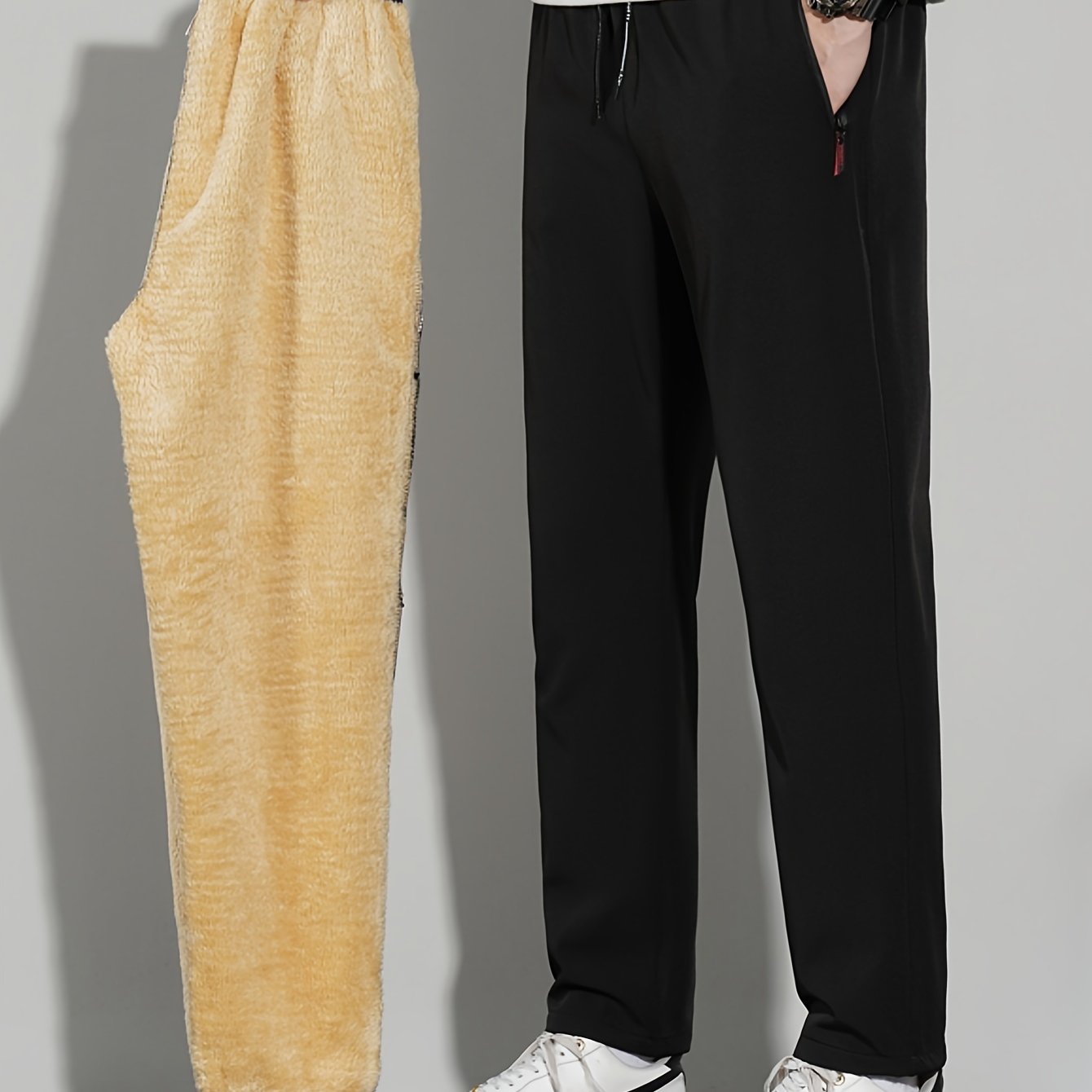 Men's Winter Fleece-Lined Casual Pants Solid Polyester Regular Fit Zipper Details