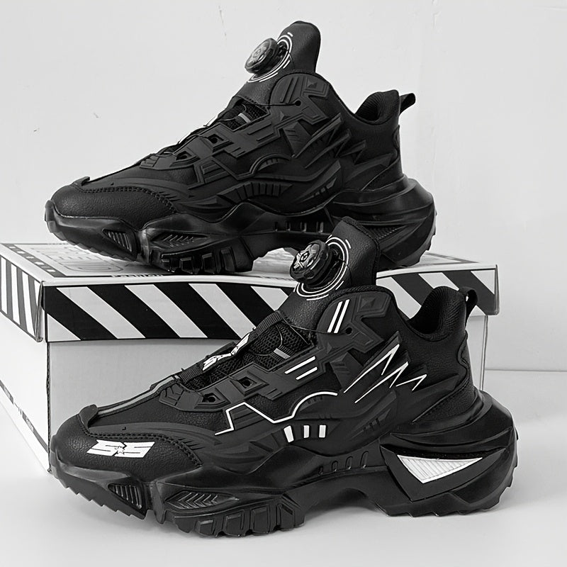 Men's Black Chunky Sneakers with Rotating Buckle Anti-Slip Breathable Fabric for Sports Outdoor
