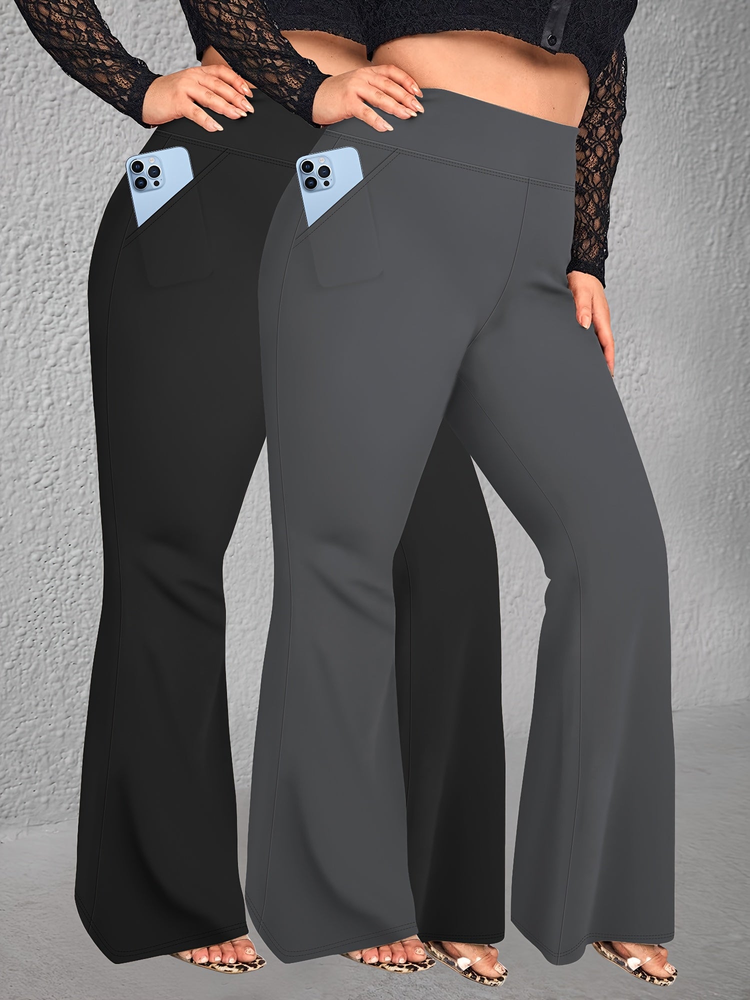 Plus Size High-Waist Flare Pants with Pockets - Stretchy Comfortable All Seasons