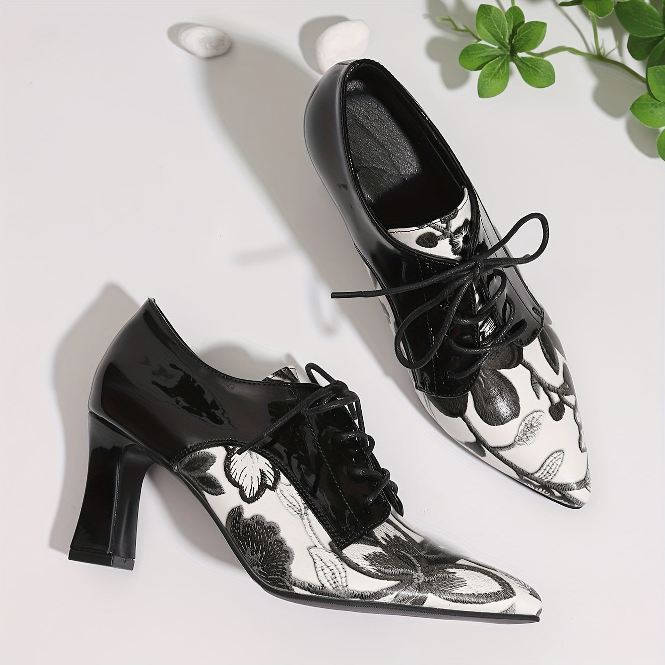 Women's High Heel Pointed Toe Lace-Up Mary Jane Shoes with Floral Pattern