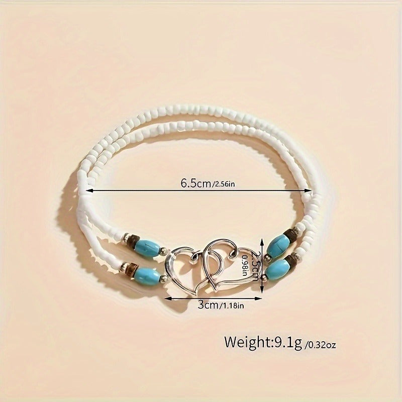 Bohemian Style Double Hollow Heart Anklet Set with Seed Beads for Women