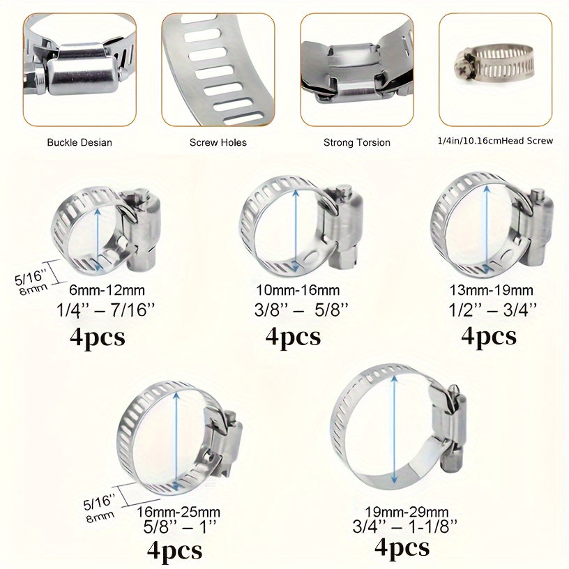 20 Pcs Stainless Steel Hose Clamps Set Adjustable 1/4-1-1/8 Inch for Pipe and Fuel Line