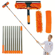 2-in-1 Window Cleaning Kit Telescopic Handle Microfiber Squeegee Orange
