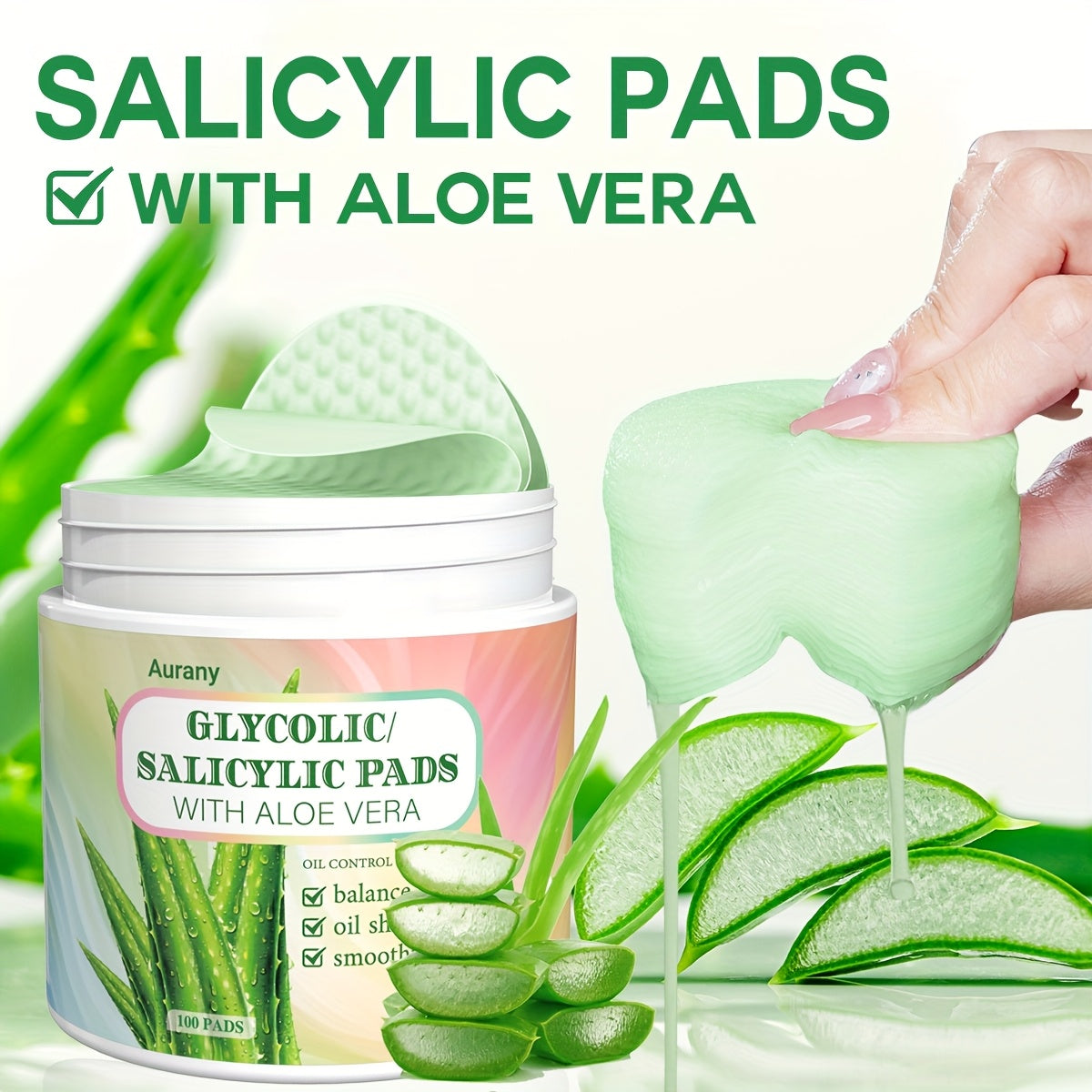 AURANY 100 Pad: Aloe Vera Glycolic/Salycilik Kislota, Uniseks Kattalar, Spirtli emas, Namlantiruvchi, Eksfoliatsiya qiluvchi, Pora kichraytiruvchi, Chuqur tozalovchi, Barcha teri turlari, Aloe Vera hidli, Qo'shimcha yo'q.