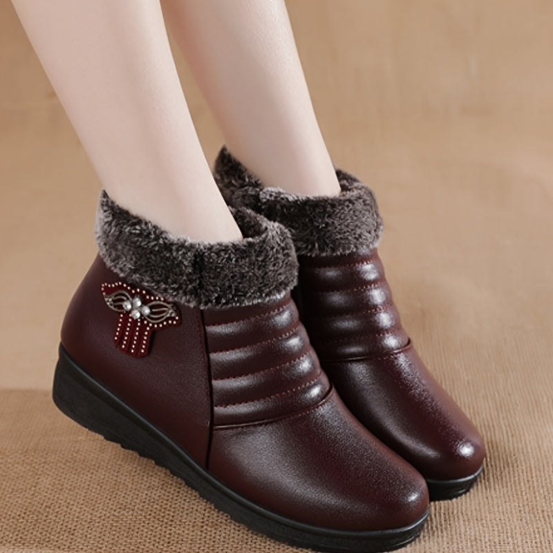 Women's Burgundy Faux Fur Lined Ankle Boots with Non-Slip Sole