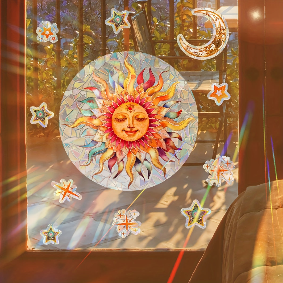 Double-Sided Sun Star Window Sticker, Colorful Static Glass Decal, 20cm