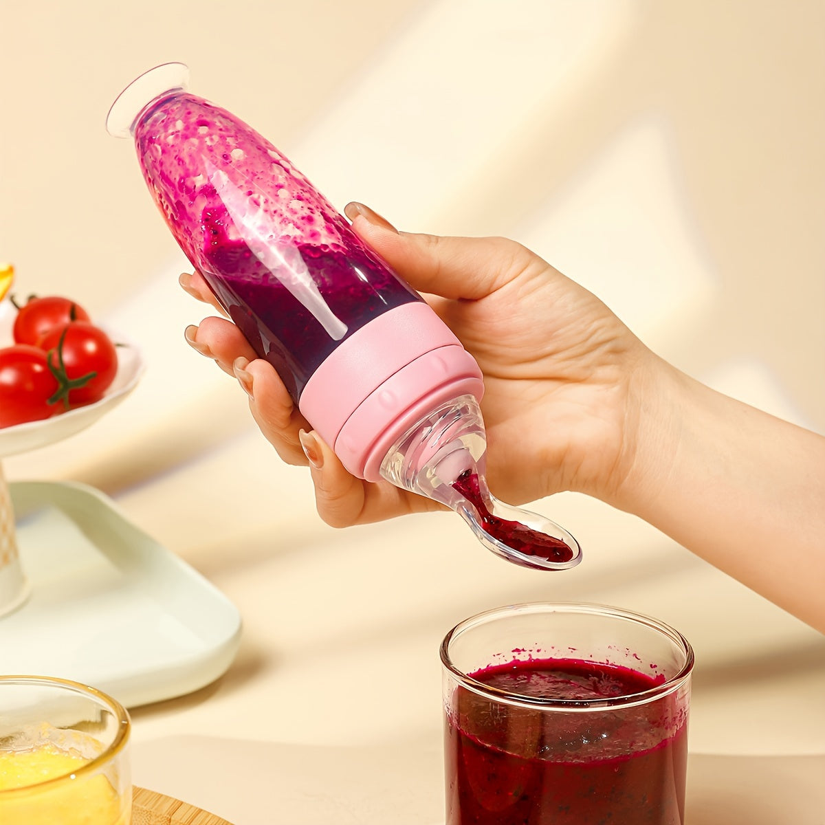 90ml Silicone Baby Feeding Bottle with Soft Spoon Head Self-Feeding Squeeze and Suction Cup in White Red Blue Yellow