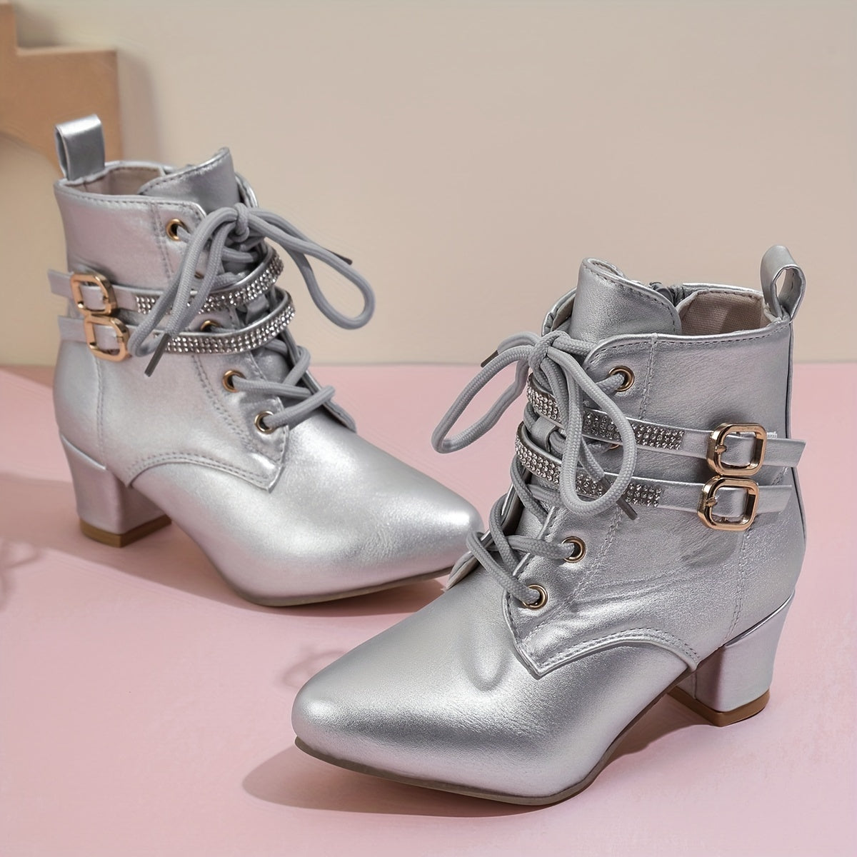 Women's White Ankle Boots with Golden Buckles Side Zipper Chunky Heel