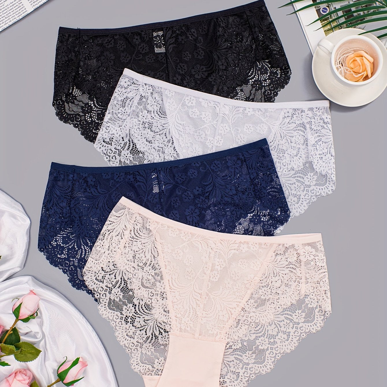 Women's Plus Size Floral Lace Briefs 4 Pack Breathable Stretchy Panties