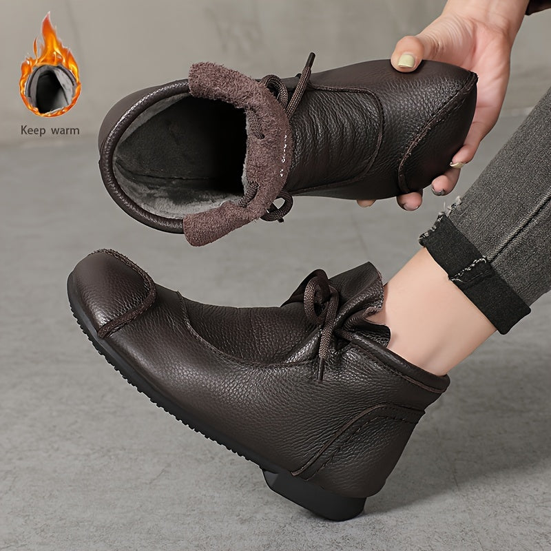 Botines de tobillo para mujer negro, marrón y burdeos de cuero de vaca, forro de felpa acogedora, casuales, planos, con slip-on