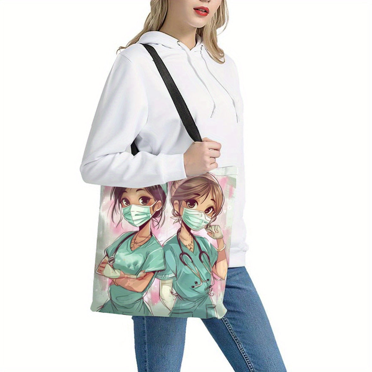 Large Capacity Shoulder Bag with Cartoon Nurse Print for Shopping and Daily Use