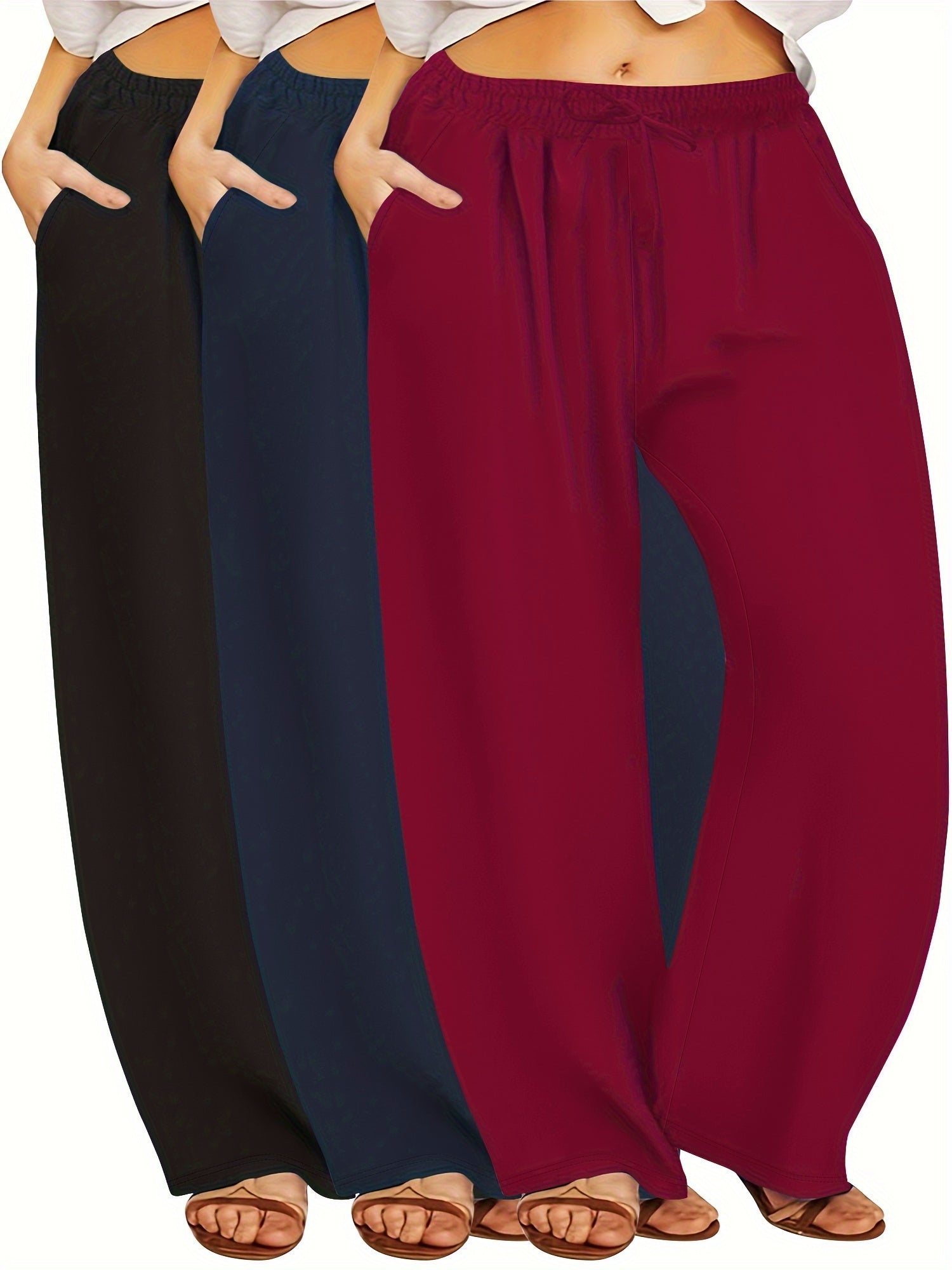 Plus Size Wide Leg Pants Elastic Waistband Drawstring Pockets Cropped Casual