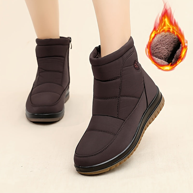 Women's Fleece-Lined Winter Boots - Black Slip-Resistant PU Sole Outdoor