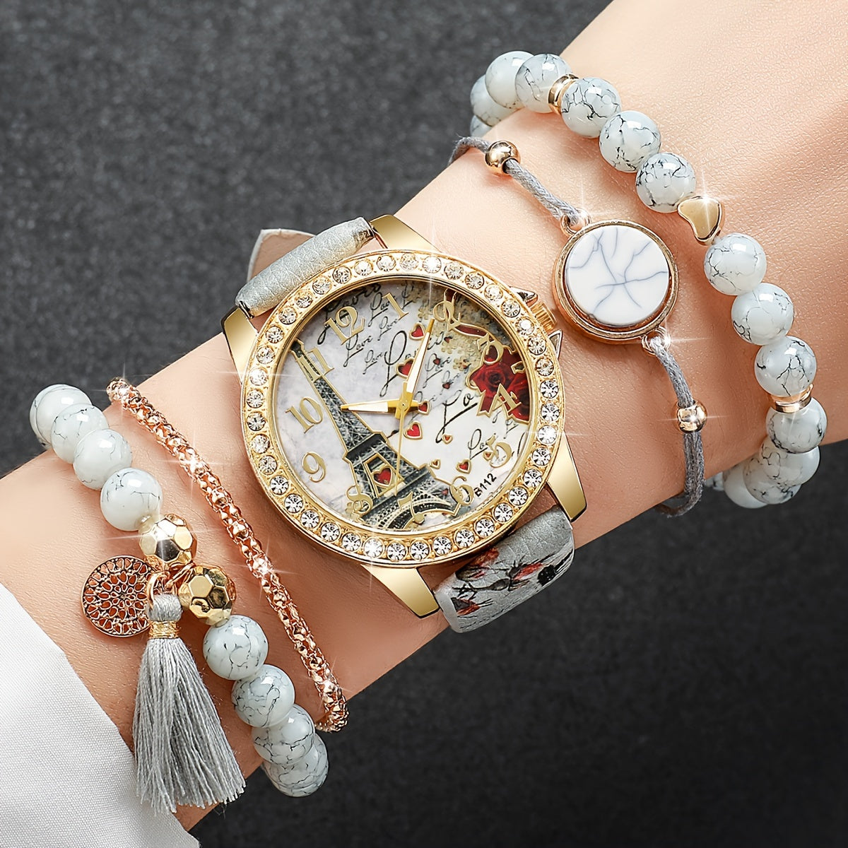 Women's Fashion Digital Tower Dial Quartz Watch Set with Bracelet Non-Box