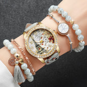 Women's Fashion Digital Tower Dial Quartz Watch Set with Bracelet Non-Box