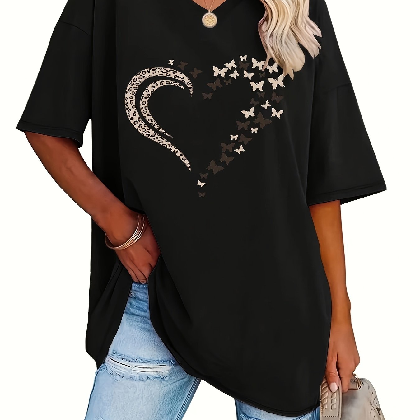 Women V-Neck Short Sleeve Loose T-Shirt Top for Spring Summer