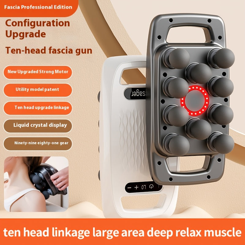 Ten-Head Fascia Gun Massager with 9 Modes 9 Intensity Levels Rechargeable Lithium Battery USB Charging LED Display Whole Body