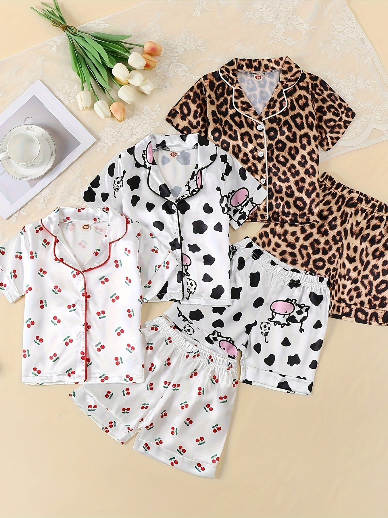 Girls Ice Silk Clothing Set 3-Piece with Animal Prints Short Sleeve Tops and Shorts