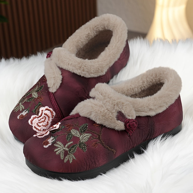 Women's Ethnic Embroidery Winter Boots Faux Fur Lined Non-Slip Sole Red Green