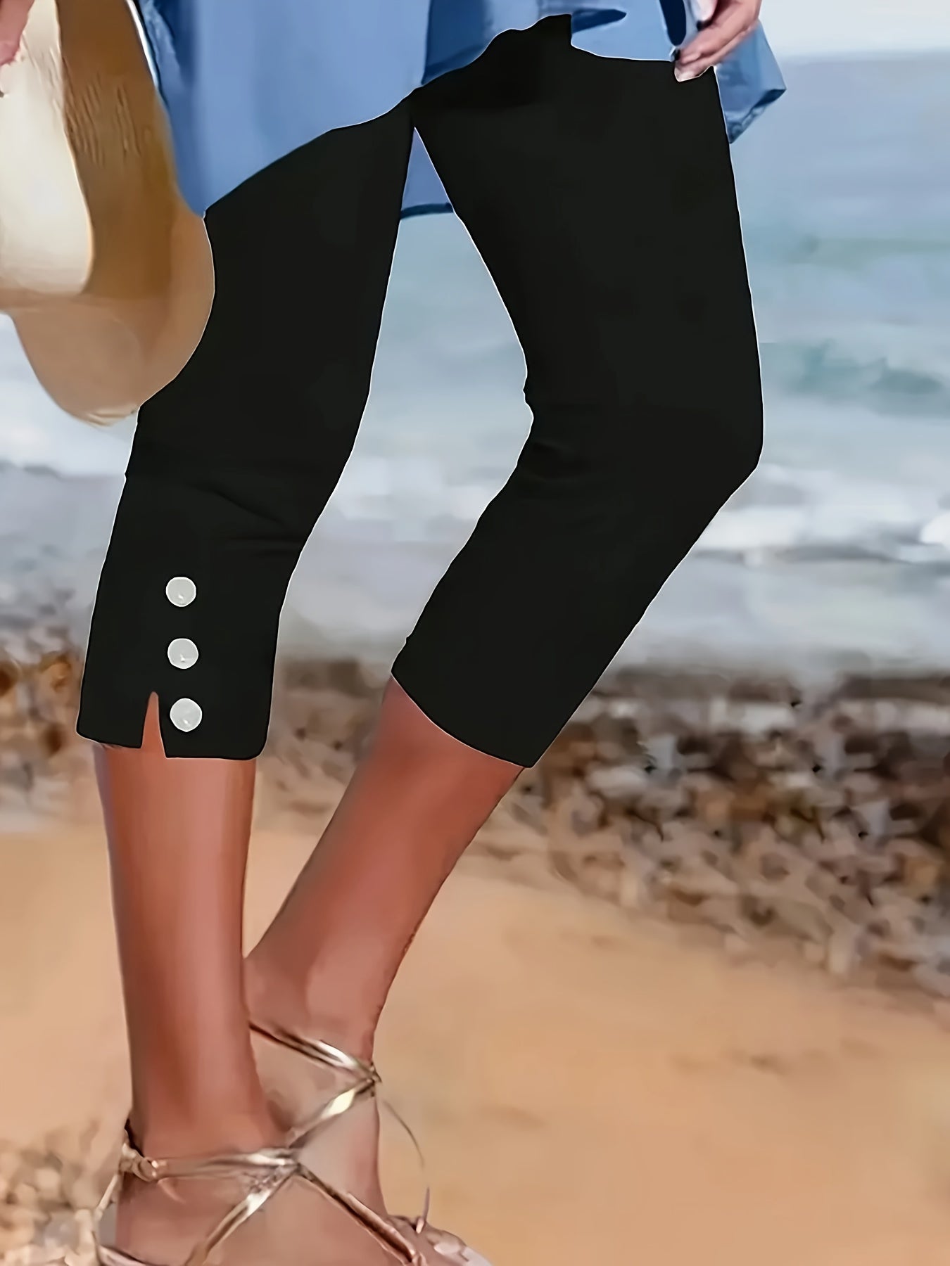 Women’s High Waist Capri Pants with Button Details Knit Solid Color Summer