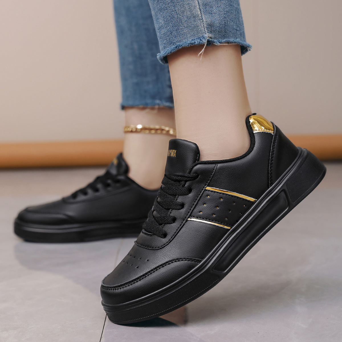 Women Black Low-Top Sneakers Breathable PU Casual Shoes with Gold Accents