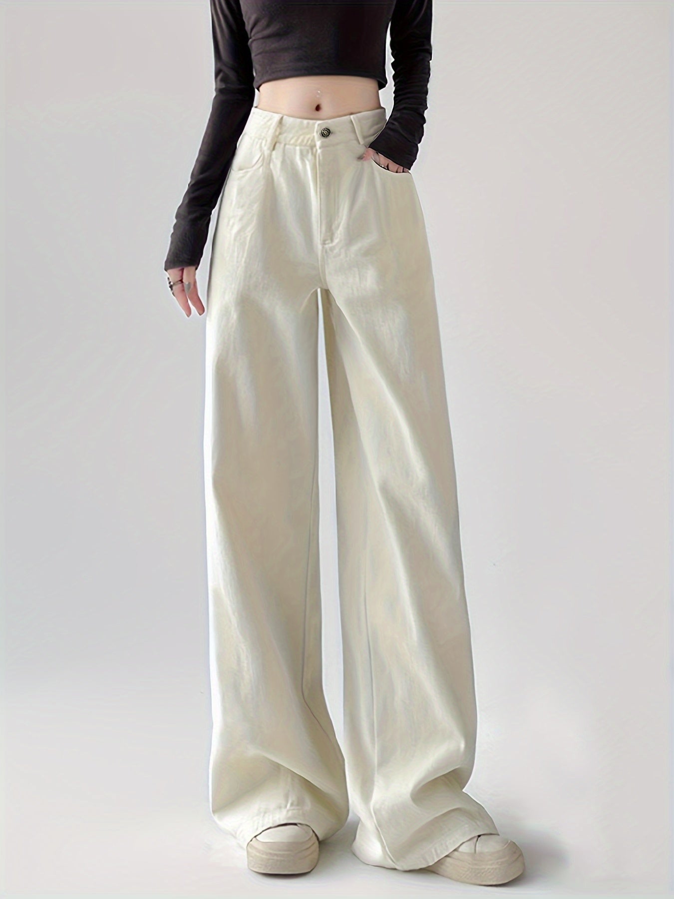 Women's Straight Leg Jeans with Multiple Pockets Denim Long Washed Non-Stretch