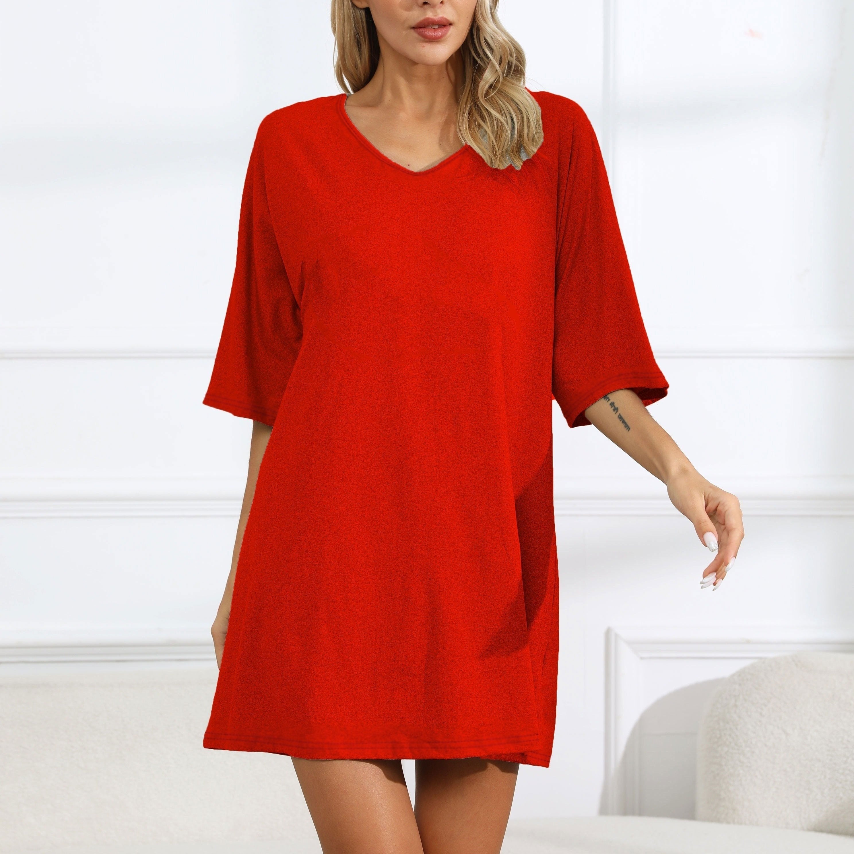 Plus Size Women's Lounge Dress Solid V-Neck Short Sleeve Sleep Dress