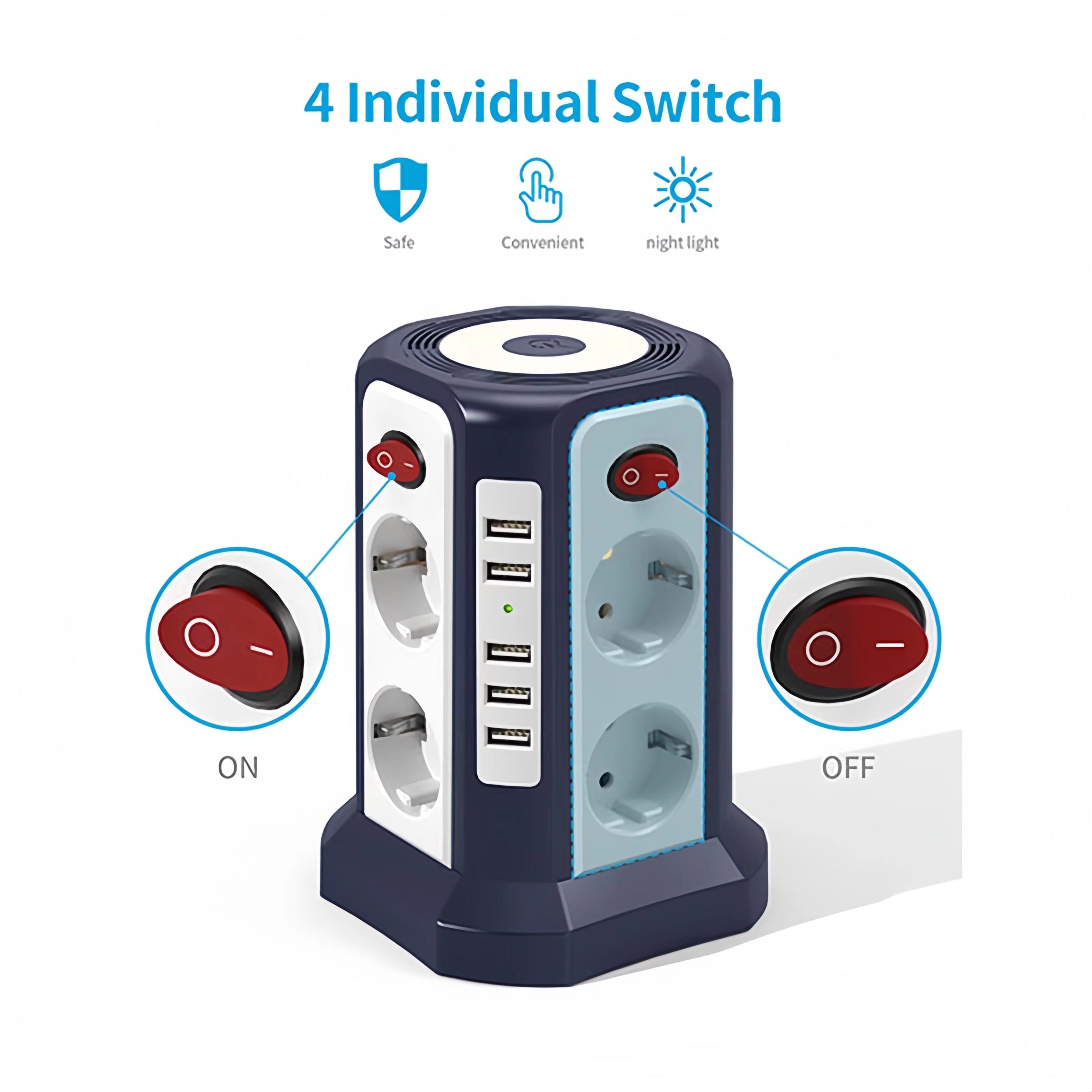 13-в-1 удлинитель с 5 USB-портами, 8 розетками AC, ночником, кабелем длиной 3 м