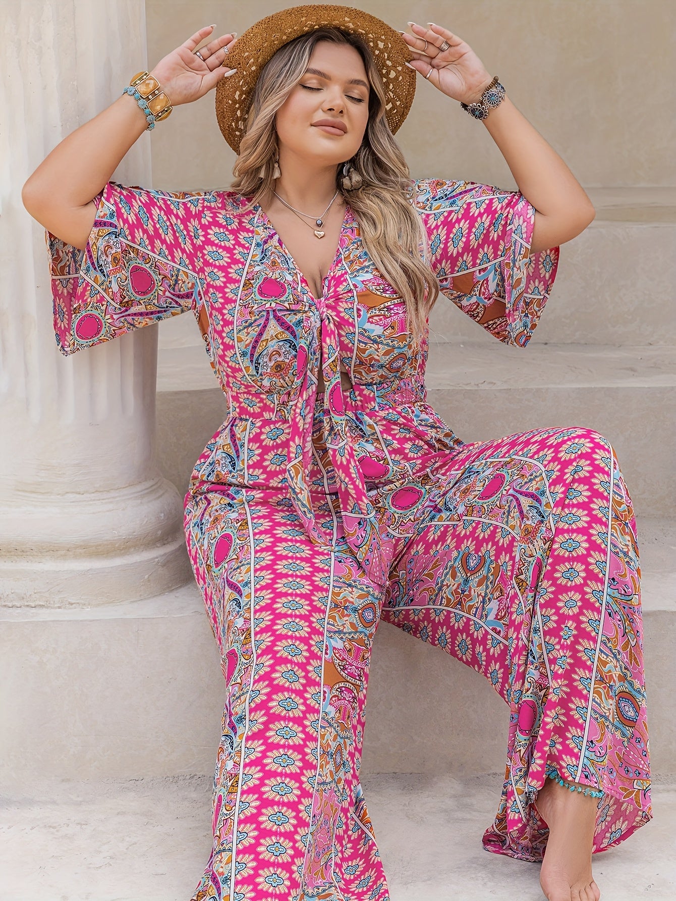 Plus Size Women's Bohemian Floral Print V-Neck Jumpsuit Long Sleeve