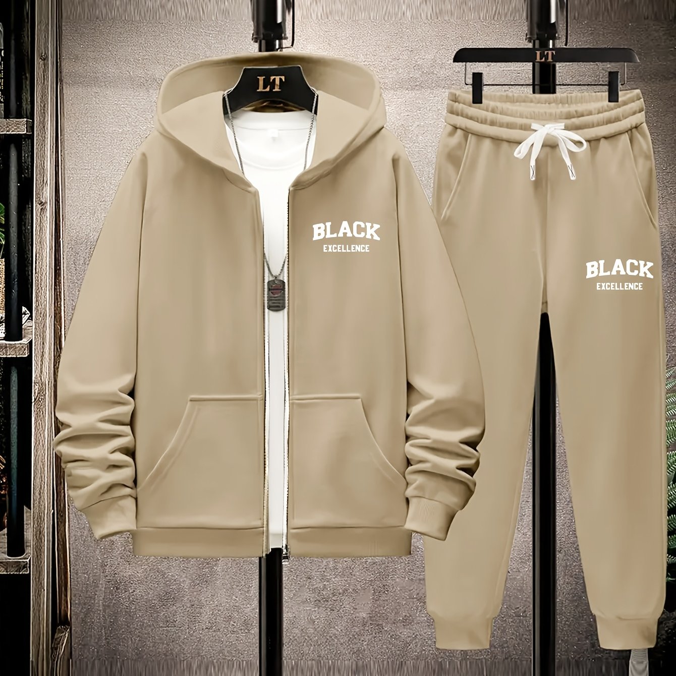 Plus Size Polyester Knit Tracksuit Set with Black Alphabet Print and Metal Chain Detail for Fall Winter
